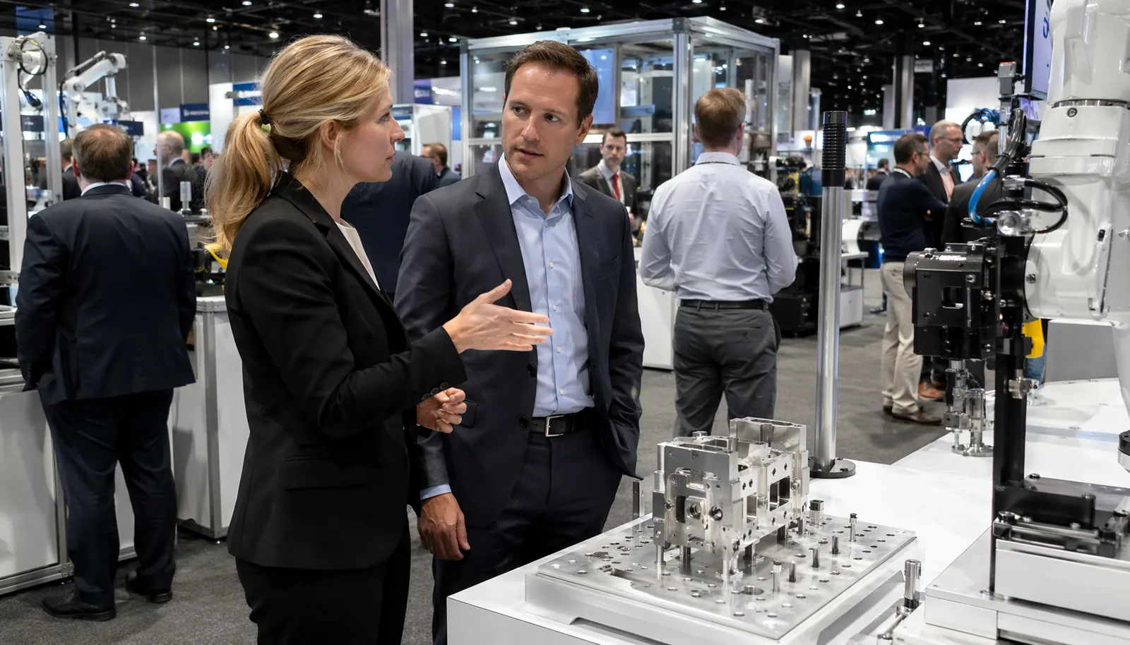 Automation trade show floor with robotics exhibitors and a legal business development team preparing meetings