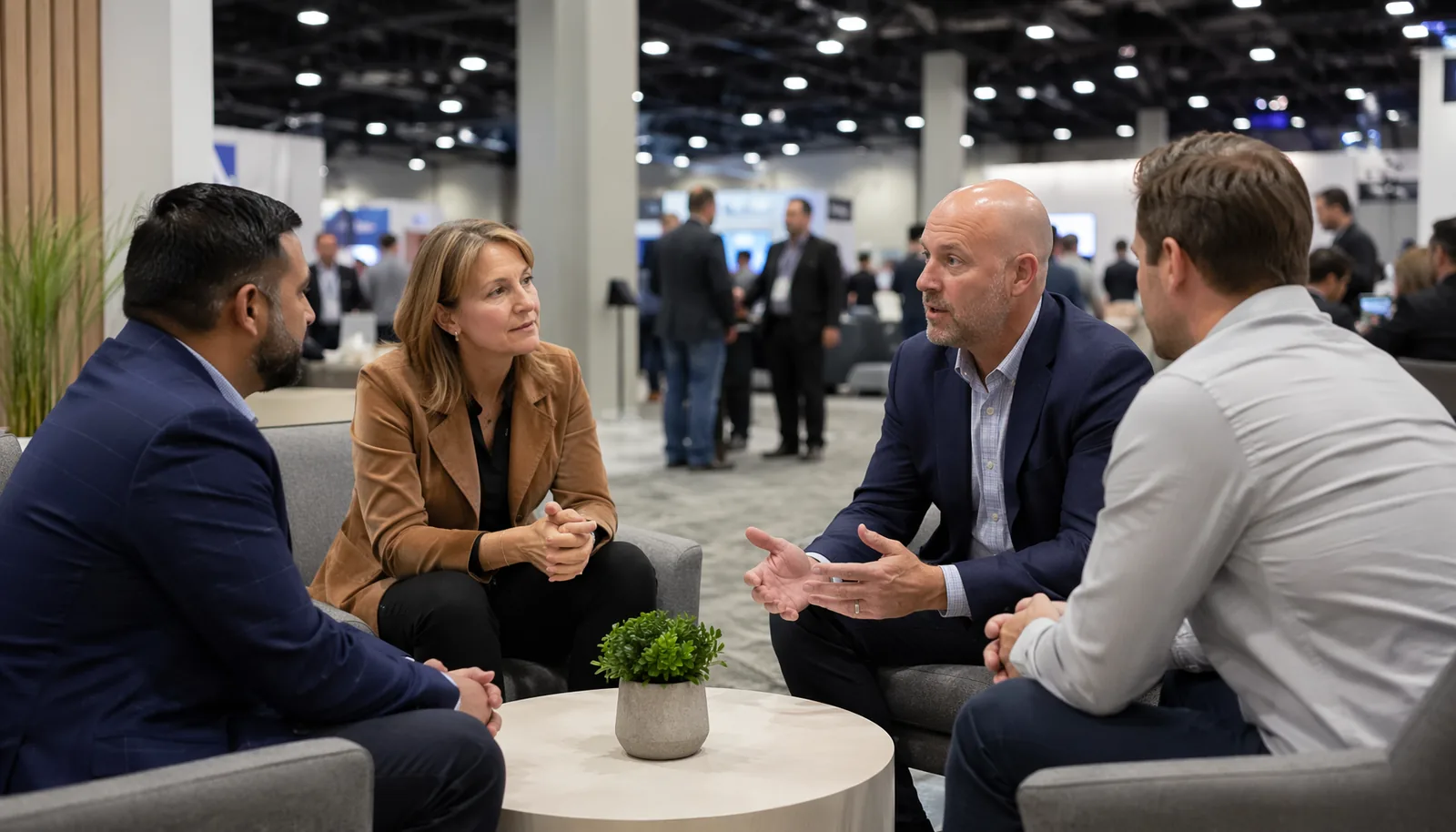 Customer storytelling meeting area at a B2B trade show