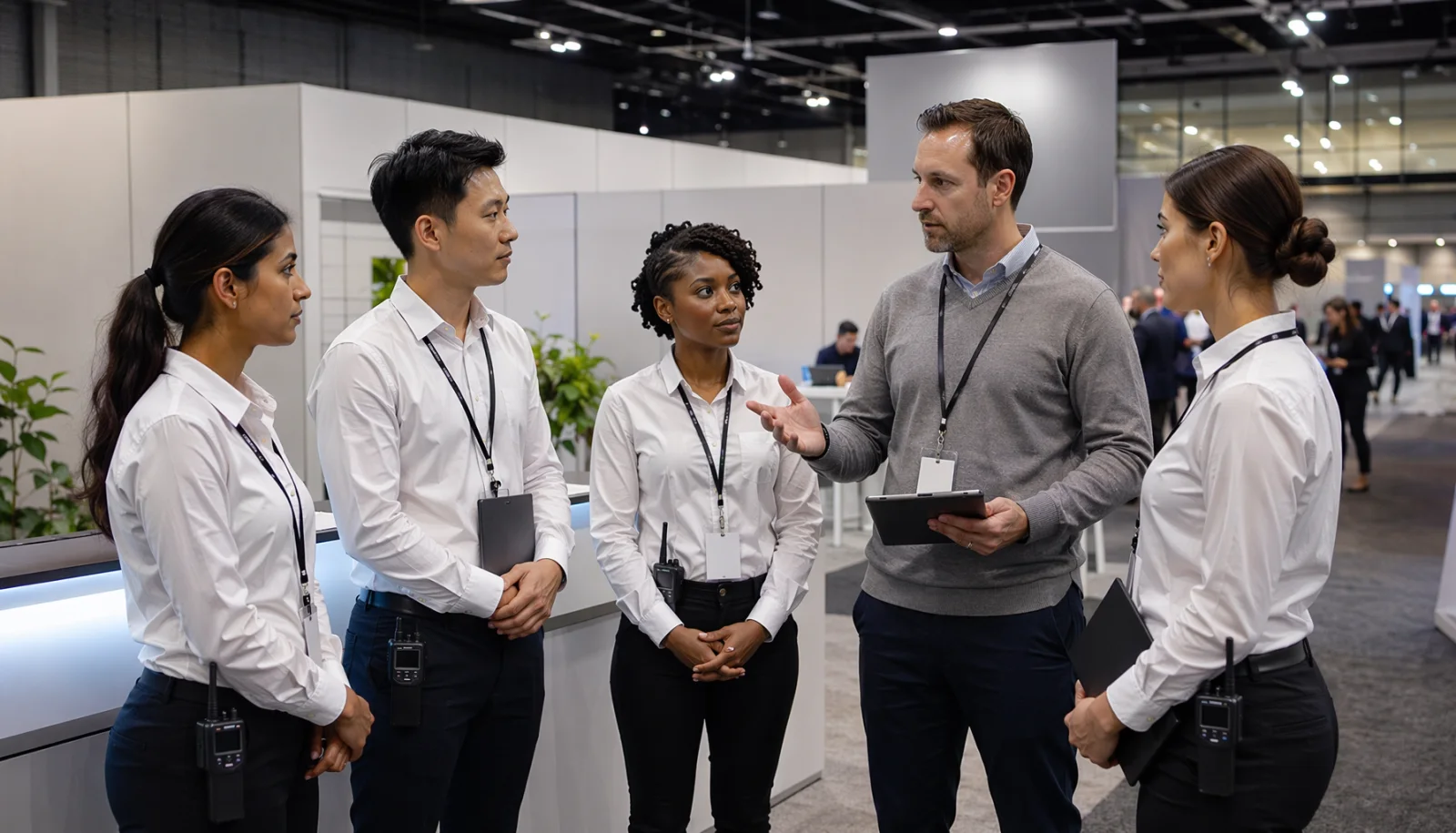 Event staffing coordinator briefing brand ambassadors before a trade show opens