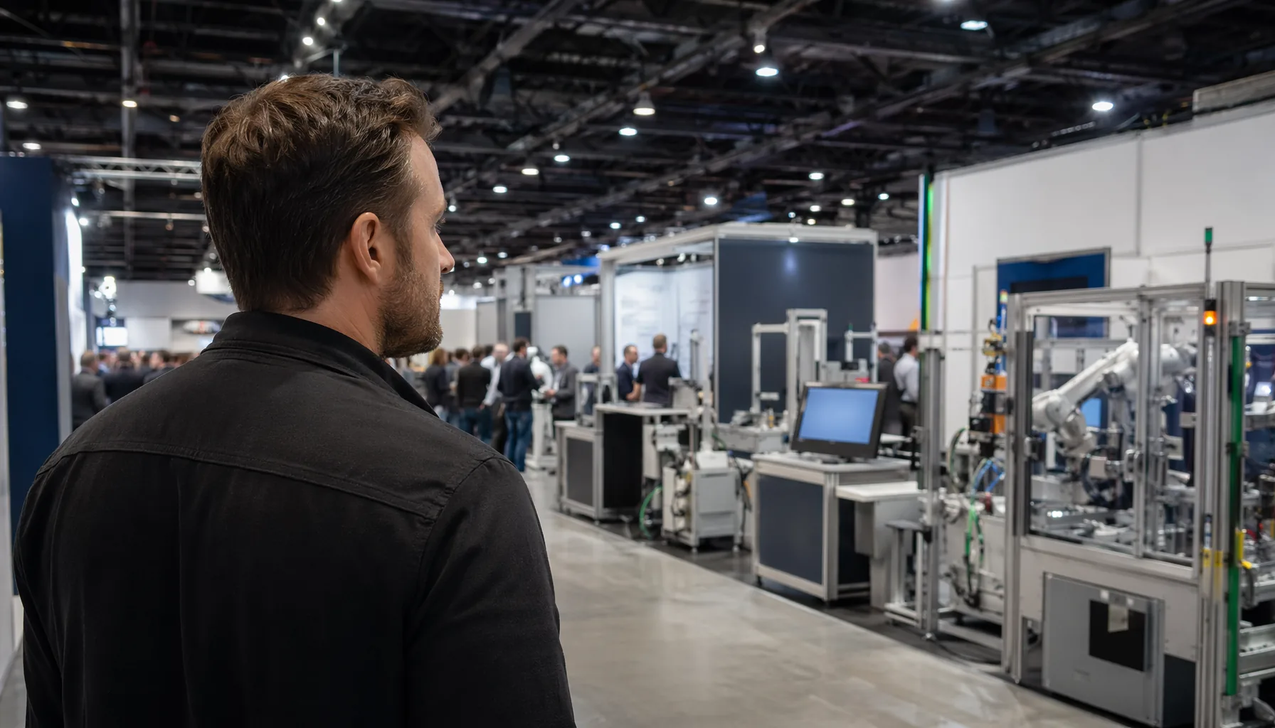 Founder observing an industrial automation trade show floor before meetings begin
