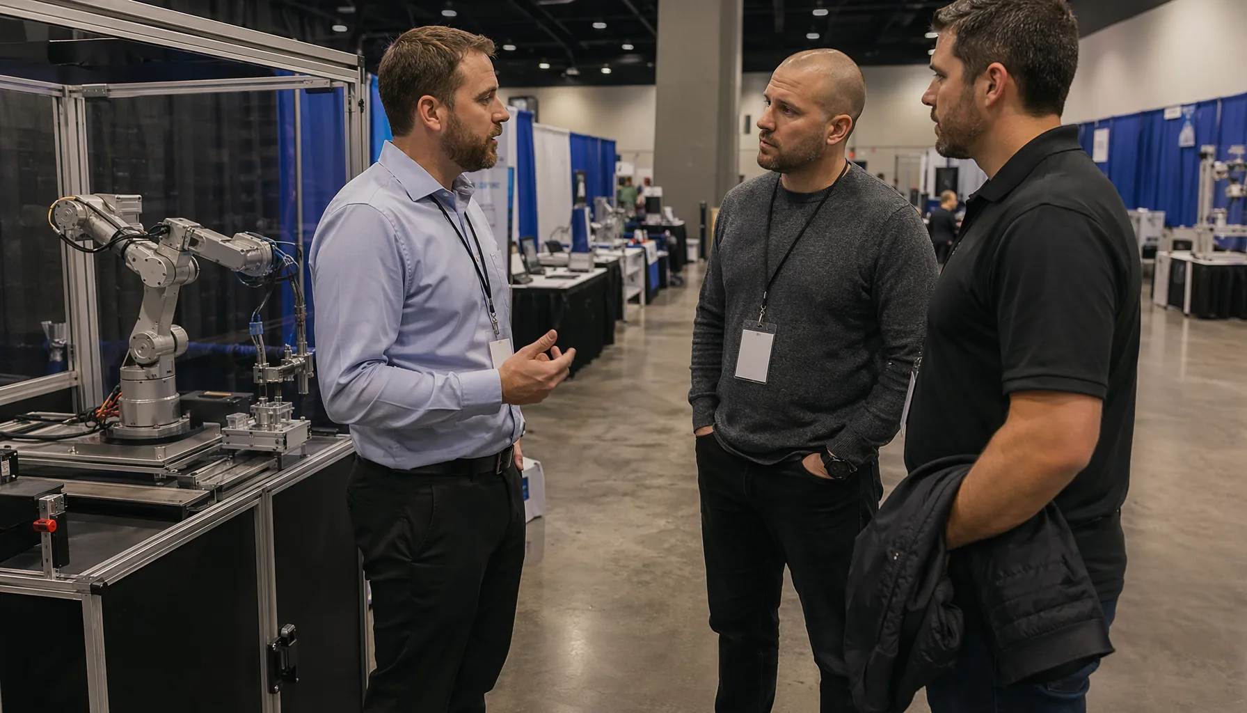 A founder-style operator observing an automation trade show floor before meetings begin