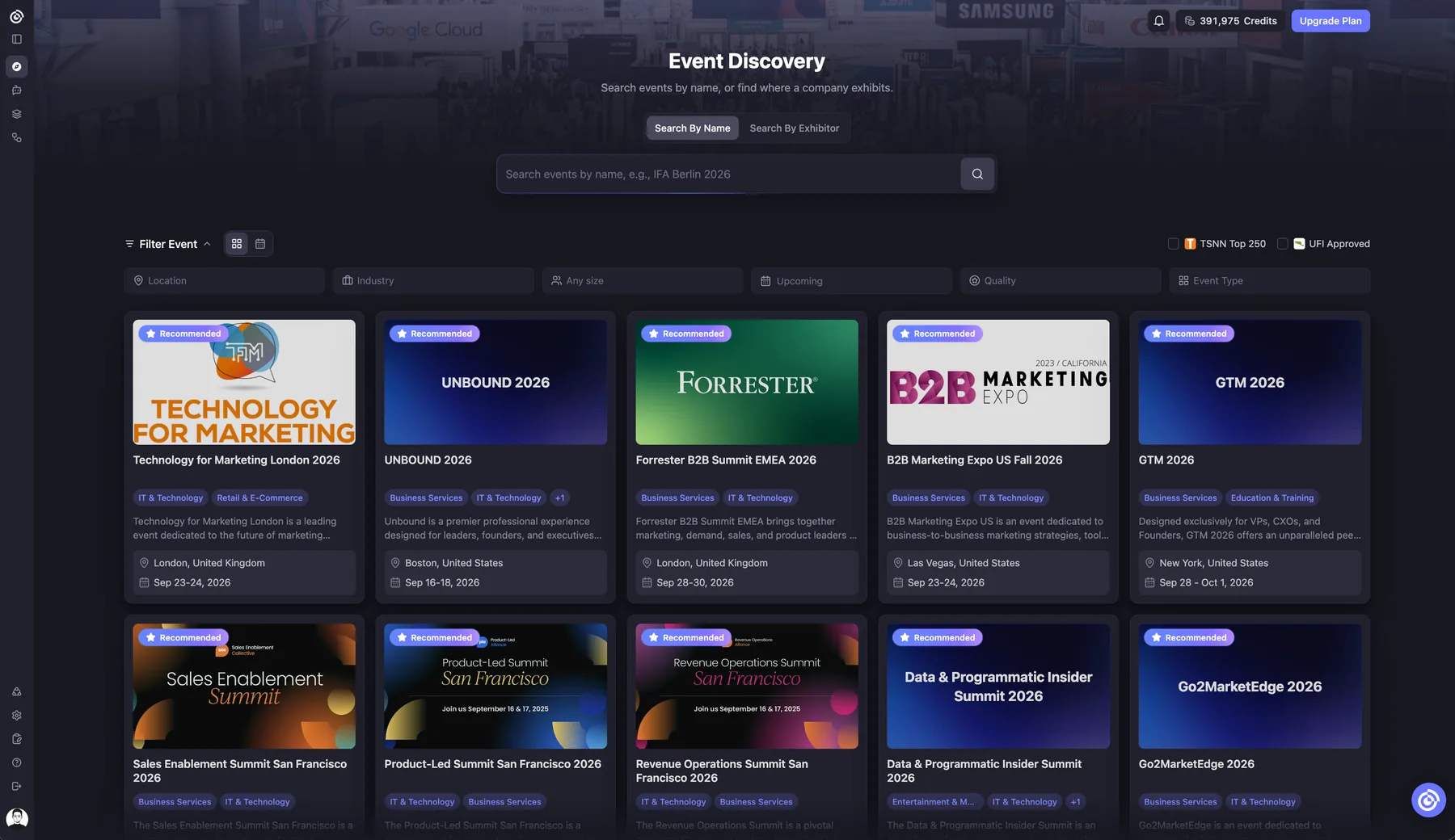 Lensmor event discovery dashboard for finding relevant B2B trade shows