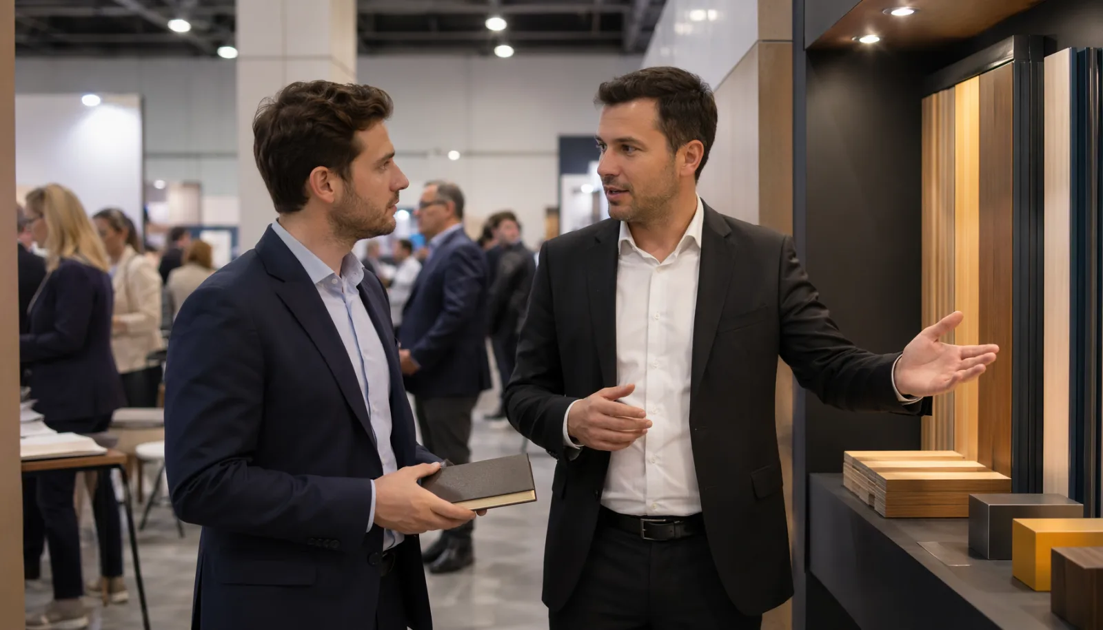 Two B2B operators having a focused face-to-face conversation on a trade show floor