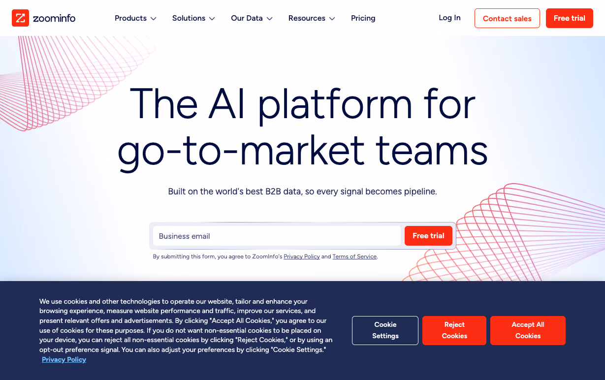 ZoomInfo homepage showing its go-to-market intelligence platform positioning