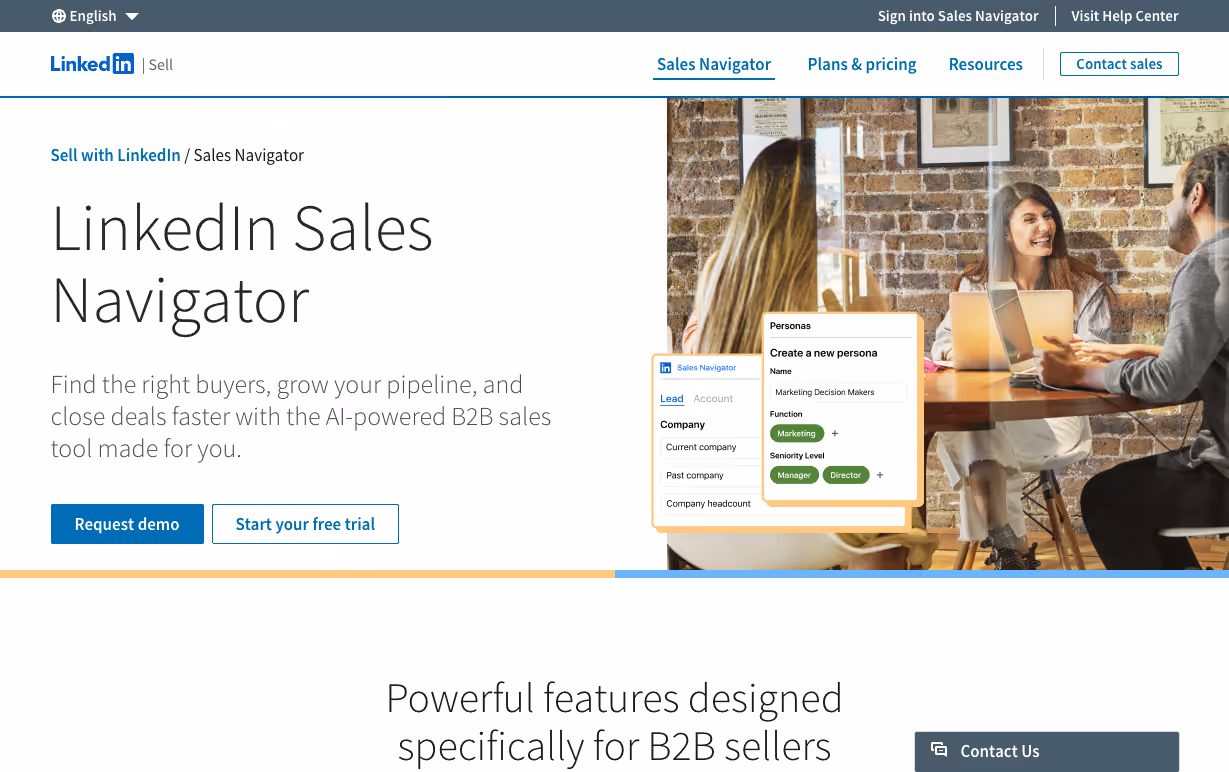LinkedIn Sales Navigator homepage showing its B2B sales prospecting positioning