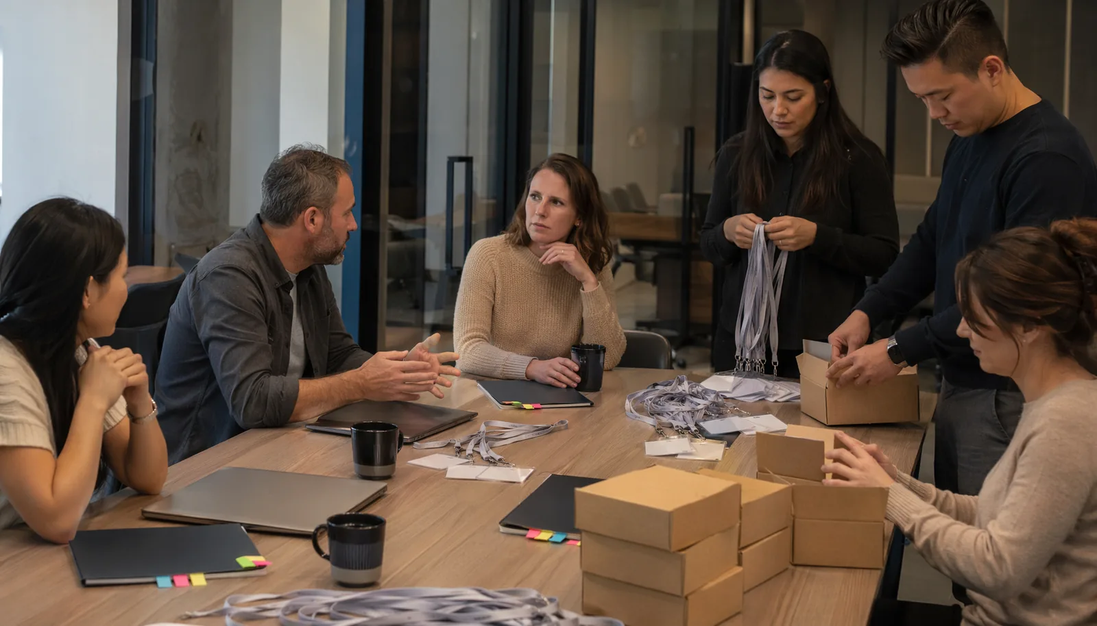 Sales and event teams coordinating priorities and logistics before a trade show