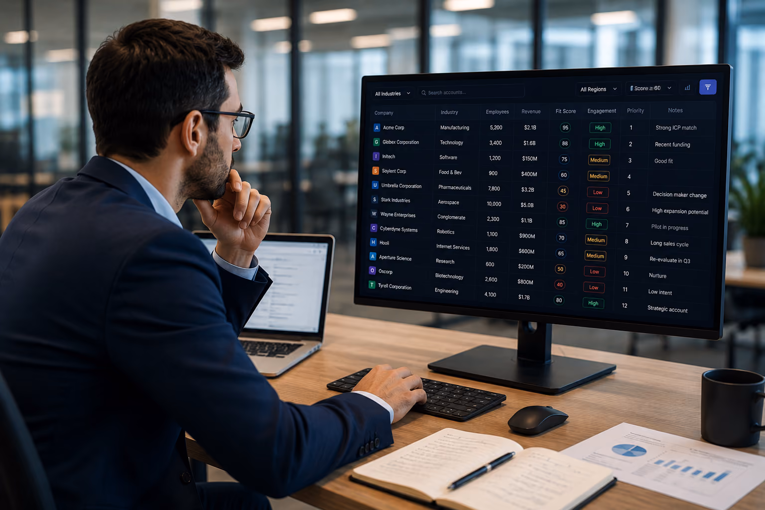 Sales professional reviewing a scored pre-show target account list