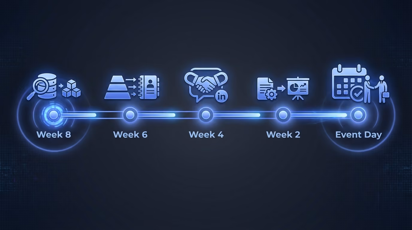 Workflow timeline from eight weeks before a trade show through event day