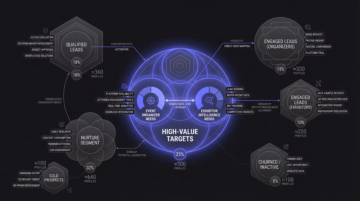 Diagram showing organizer and exhibitor intelligence needs around high-value event targets