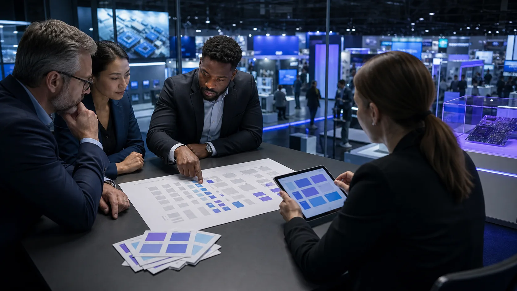 Manufacturing sales team narrowing an electronics trade show floor plan to priority buyer accounts