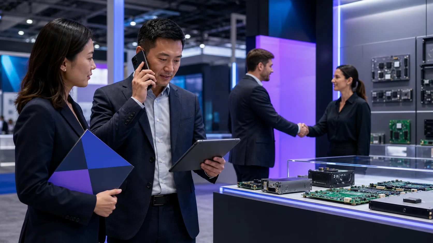 Electronics manufacturing sales team coordinating phone and on-site trade show outreach