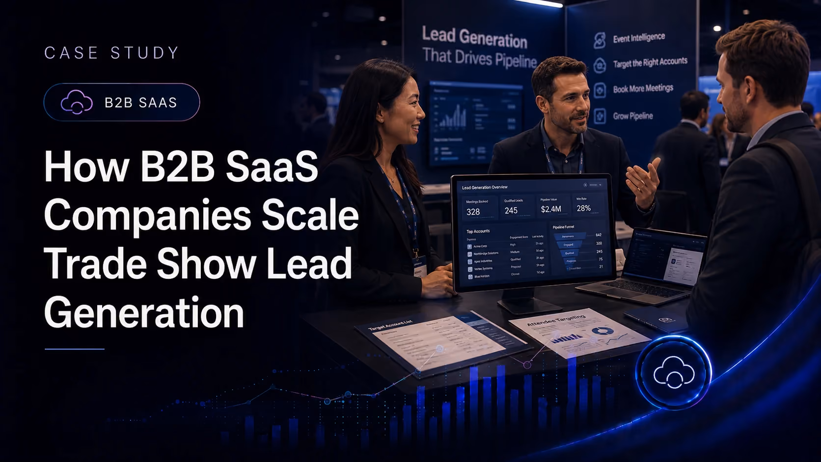 B2B SaaS team discussing trade show lead generation beside pipeline dashboards