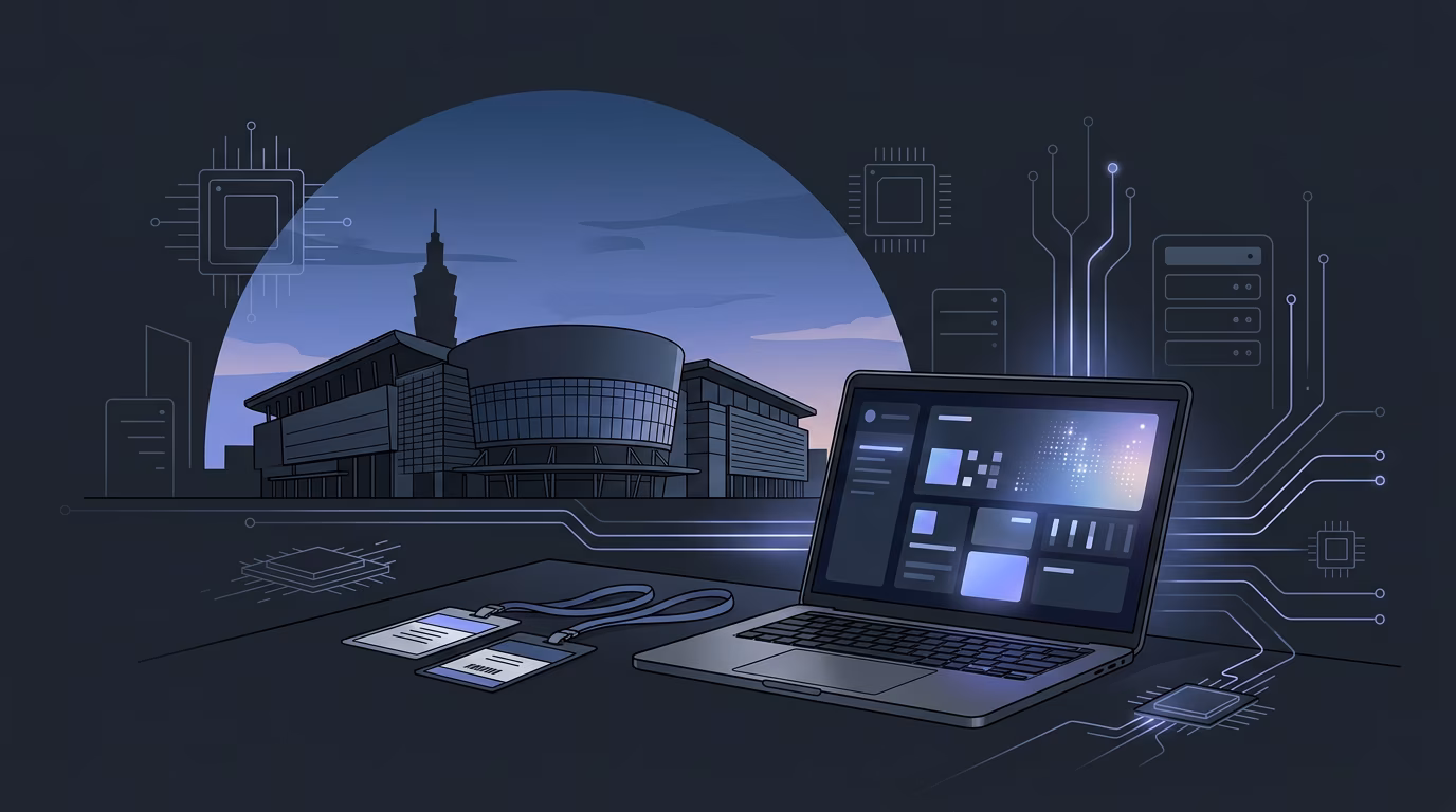 B2B event planning scene for Computex Taipei 2026 with venue, badges, laptop dashboard, and AI hardware motifs.