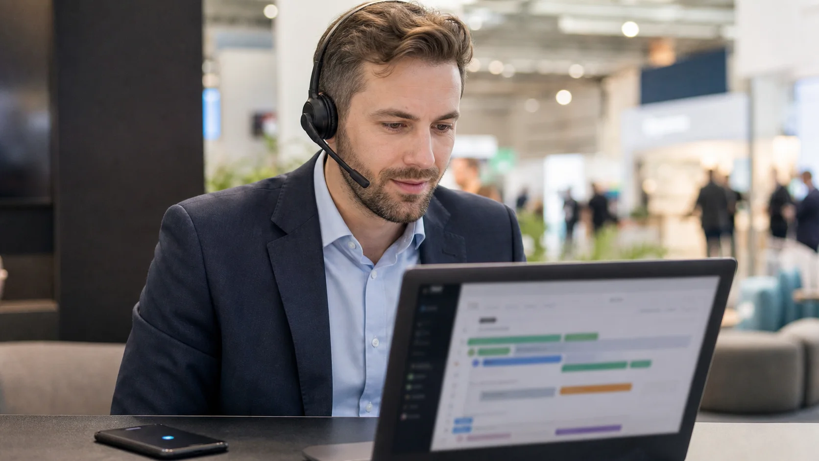 Sales representative reviewing an active outreach timeline before calling an event prospect