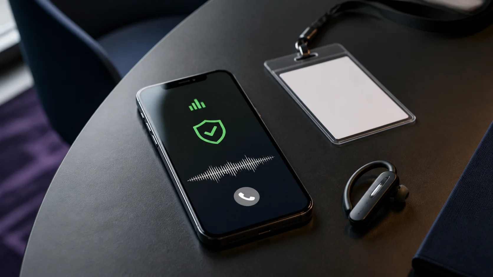 Verified business call shown on an active smartphone beside an event badge and headset