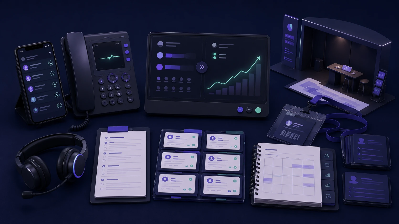 B2B cold calling workflow with phones, prospect records, event badges, and outreach planning