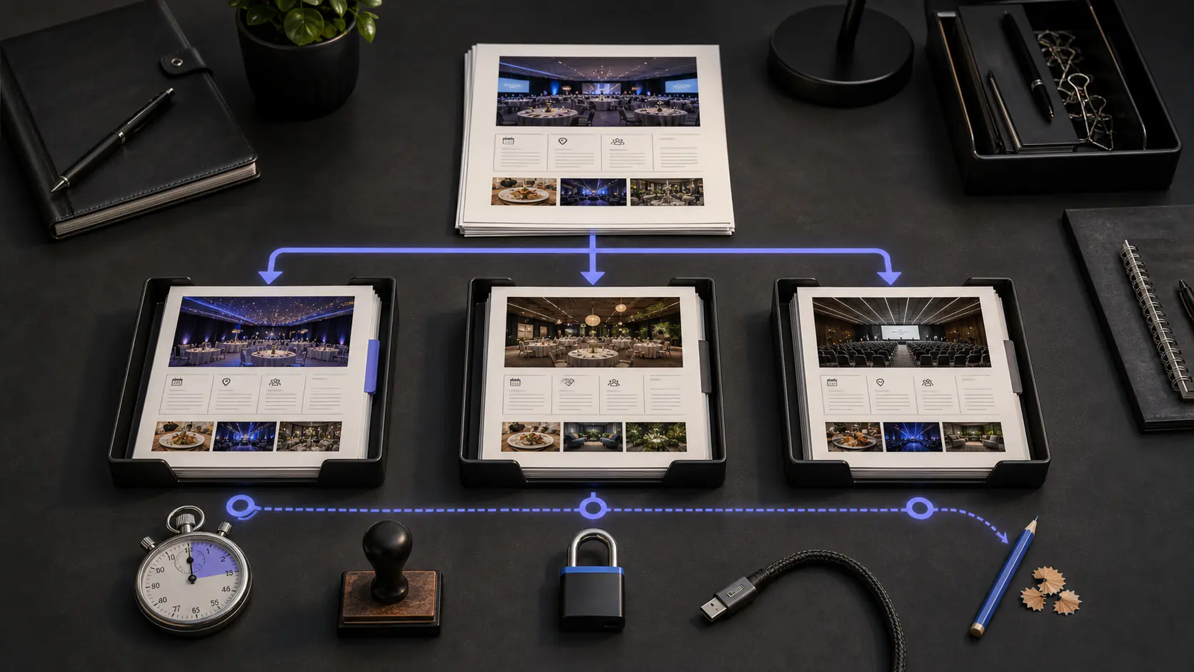 One event brief is tested through three planning workflows using time, approval, security, integration, and correction checks.