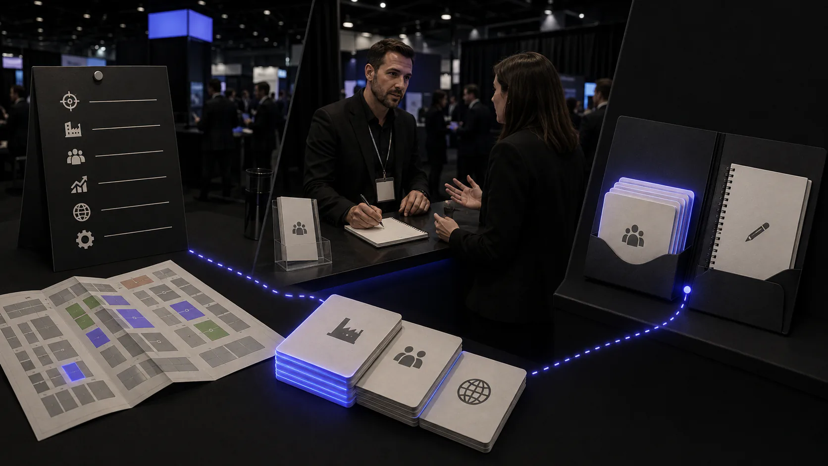A B2B trade show team uses ICP criteria and an exhibitor map to prioritize accounts, capture booth context, and prepare follow-up.