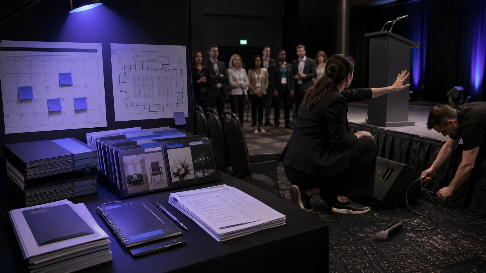 An event planner uses AI-assisted planning materials while coordinating a live stage issue with an AV technician.