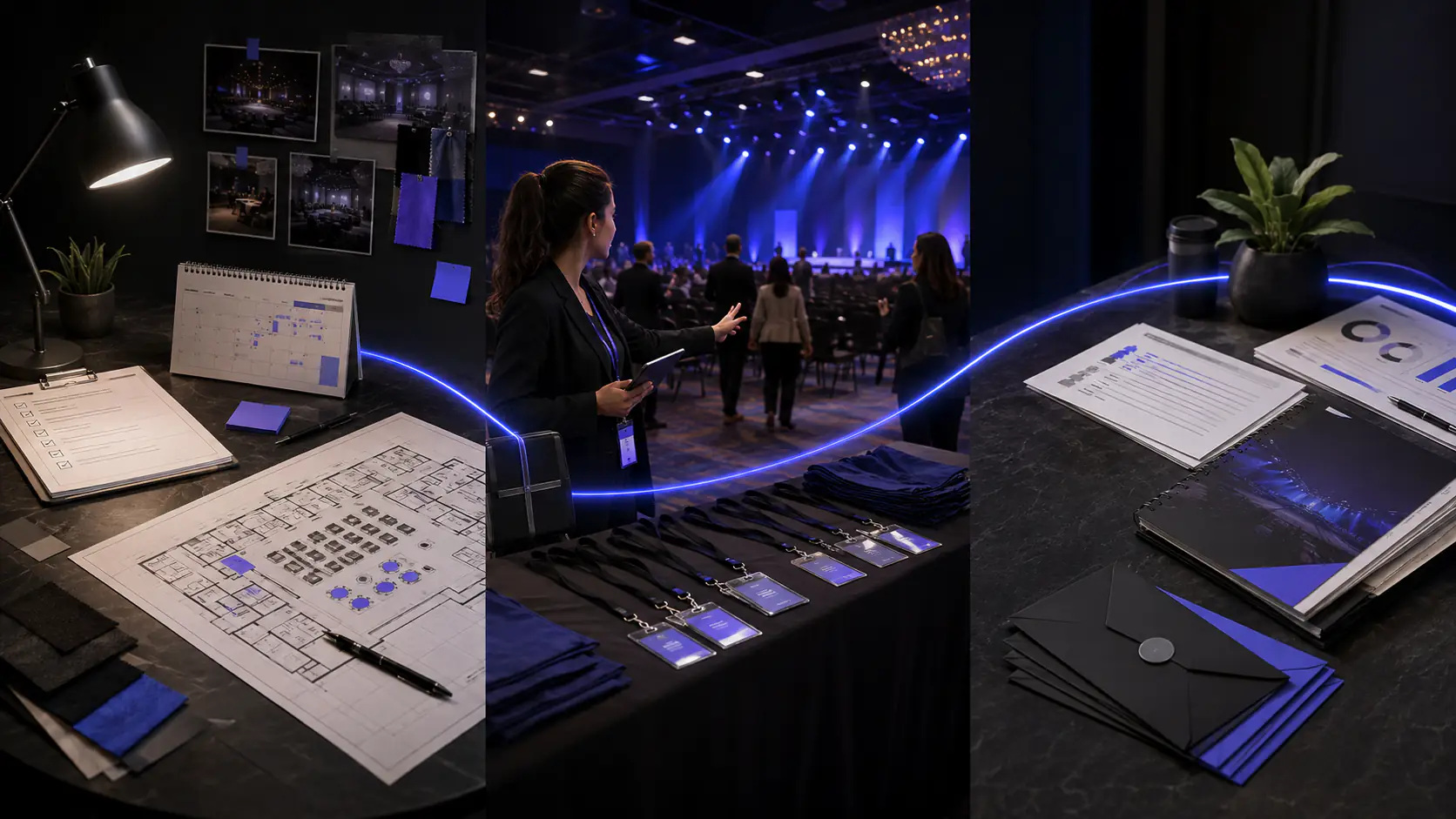 An event moves from venue planning through live attendee coordination to post-event reporting and follow-up.