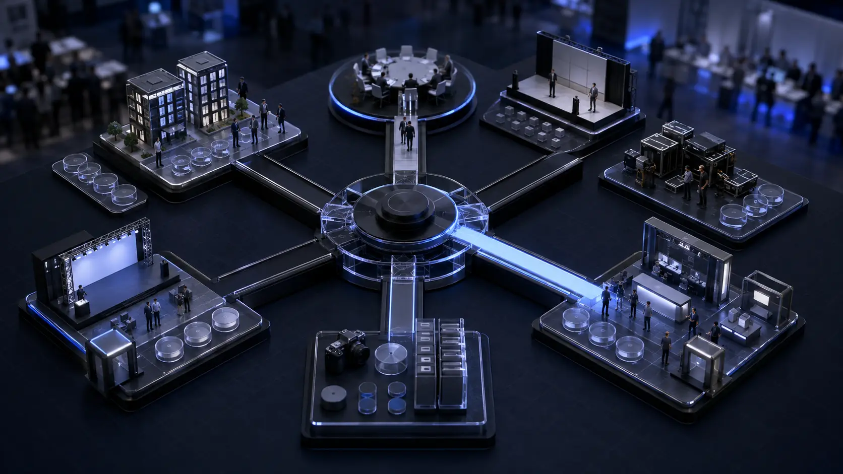 A central decision dial connects target accounts, roundtable access, stage rights, production capacity, and a trade show booth