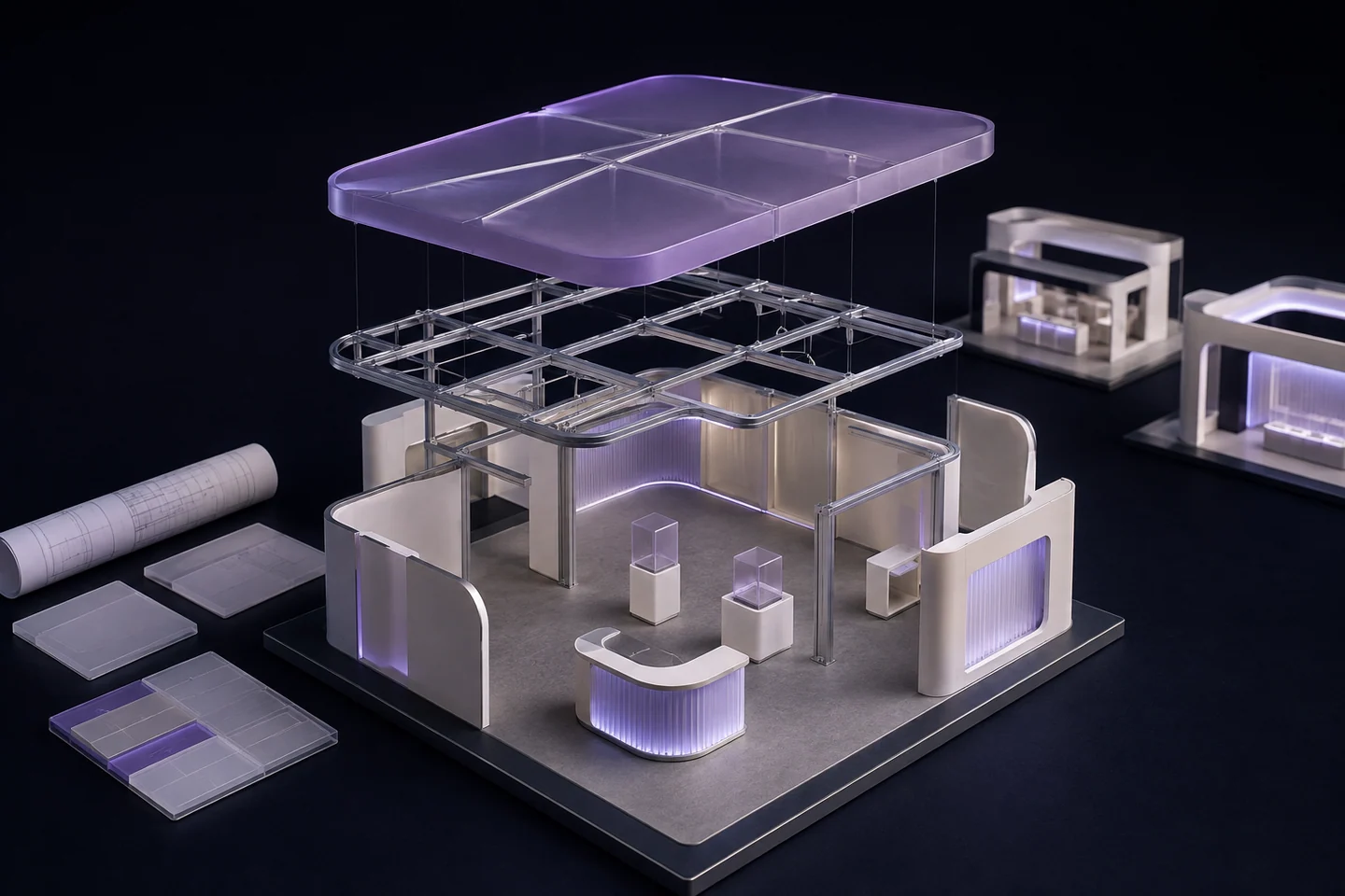 Architectural illustration of a modular exhibition stand being planned