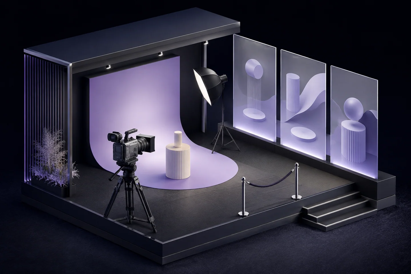 Architectural illustration of a product video set inside an exhibition booth