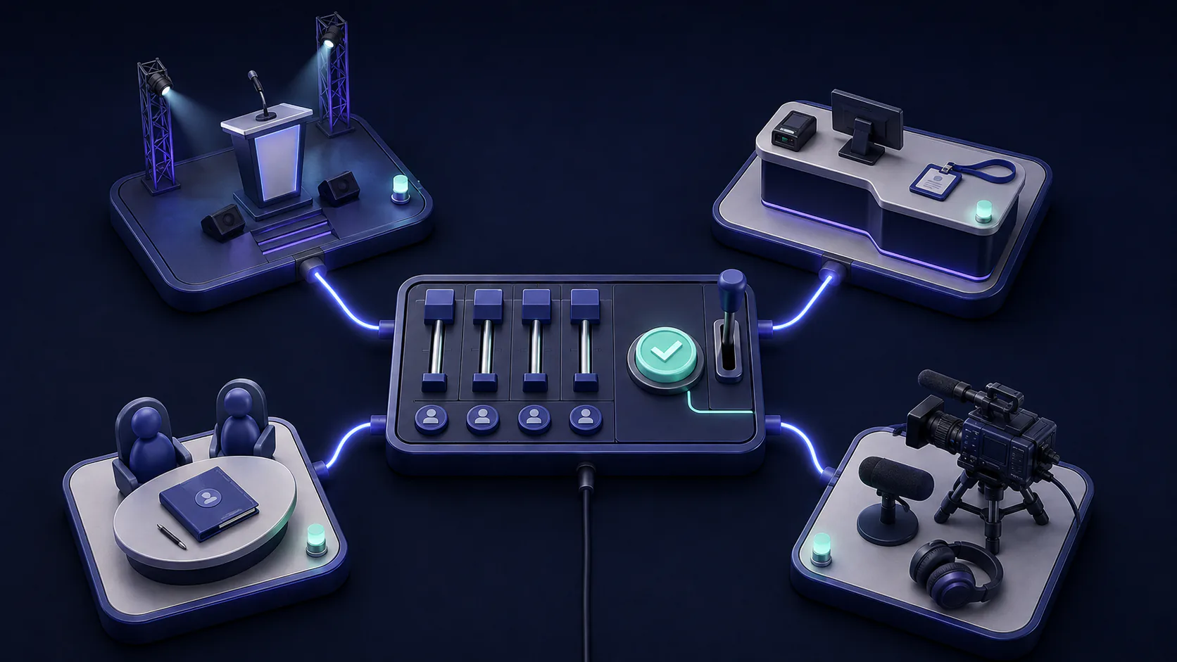 A central event console connects the stage, registration desk, roundtable host, and camera and microphone capture stations