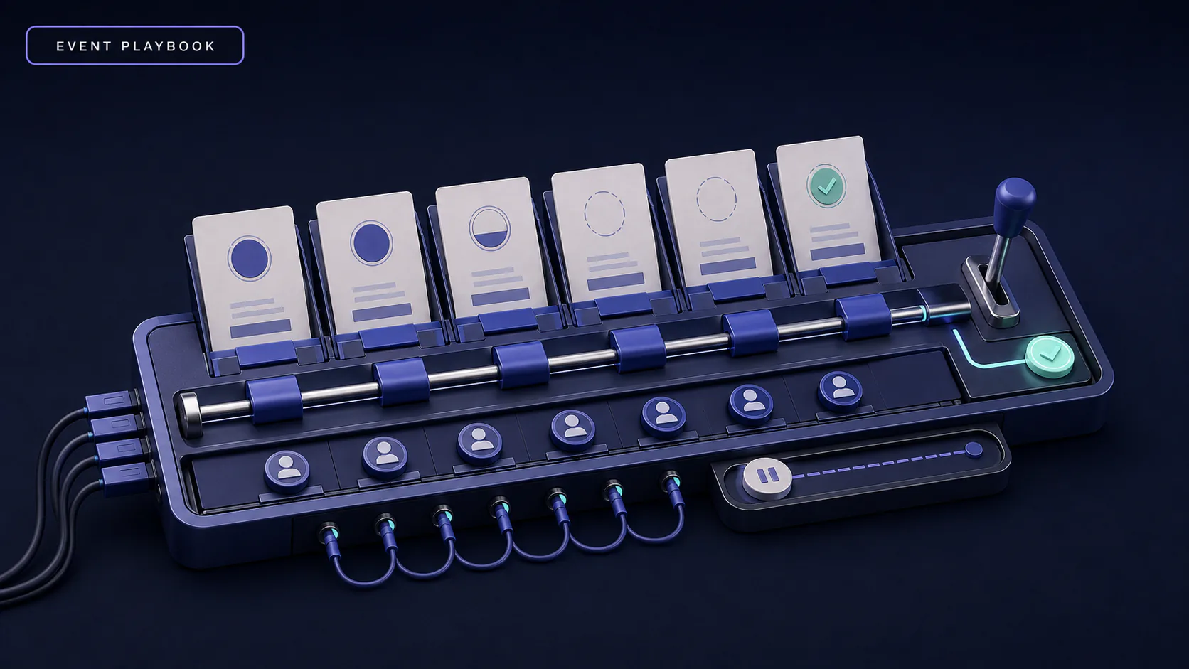 A run-of-show console connects event cue cards, assigned owners, a timing rail and pause and completion controls