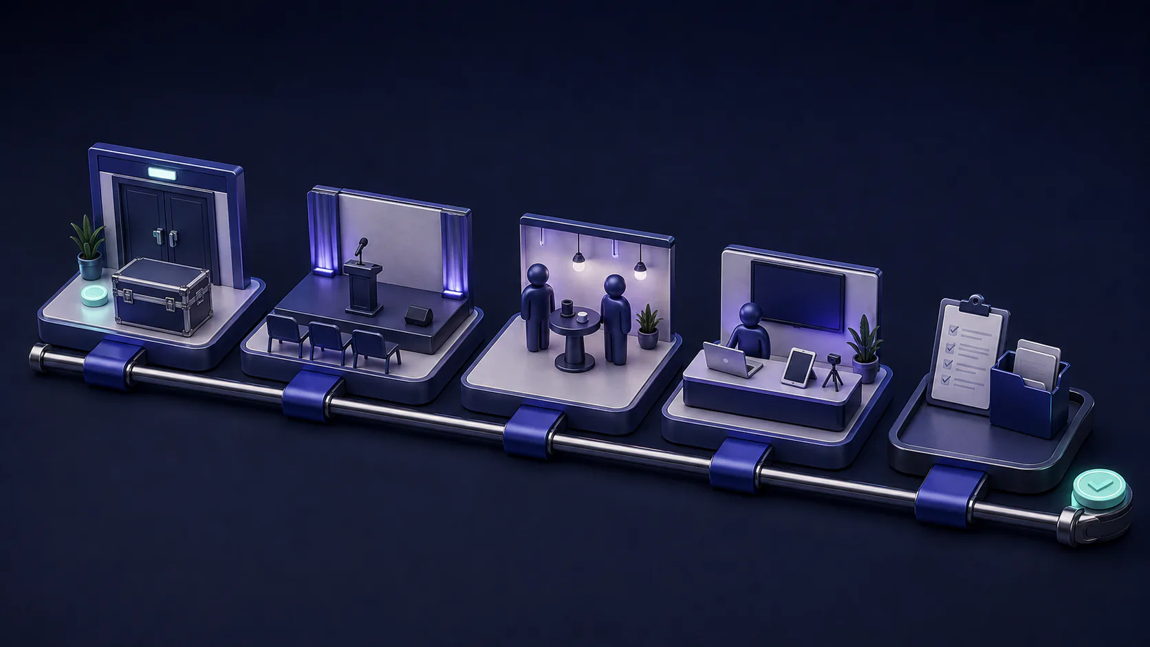An event sequence rail connects a load-in door, stage, networking area, workshop desk, and handoff checklist