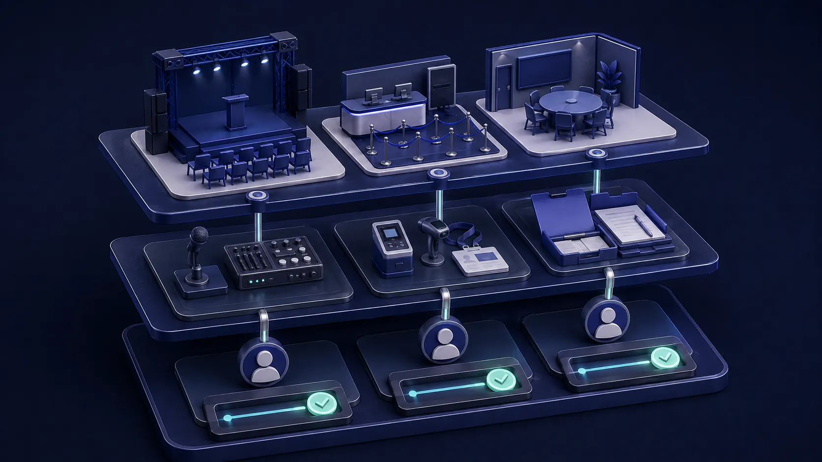 A layered event board links the stage, registration desk, and meeting room to equipment, owners, and readiness checks