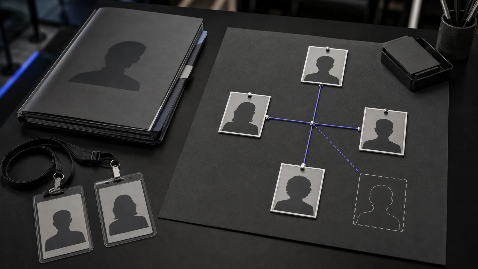 Event badges beside a company dossier and a physical relationship map with one unfilled stakeholder position