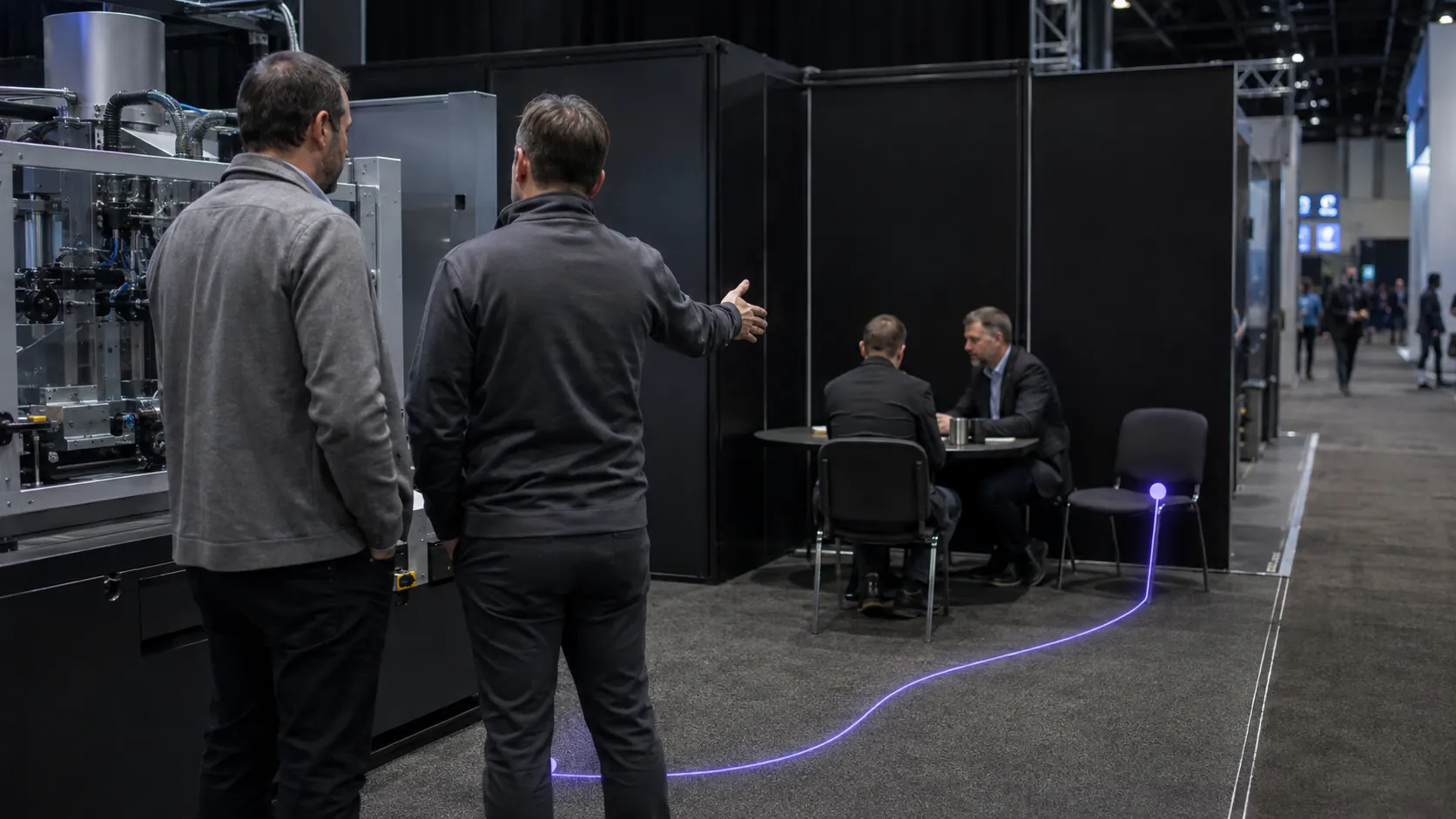 A trade show conversation leading to a small meeting table where one chair remains empty for a missing buying role