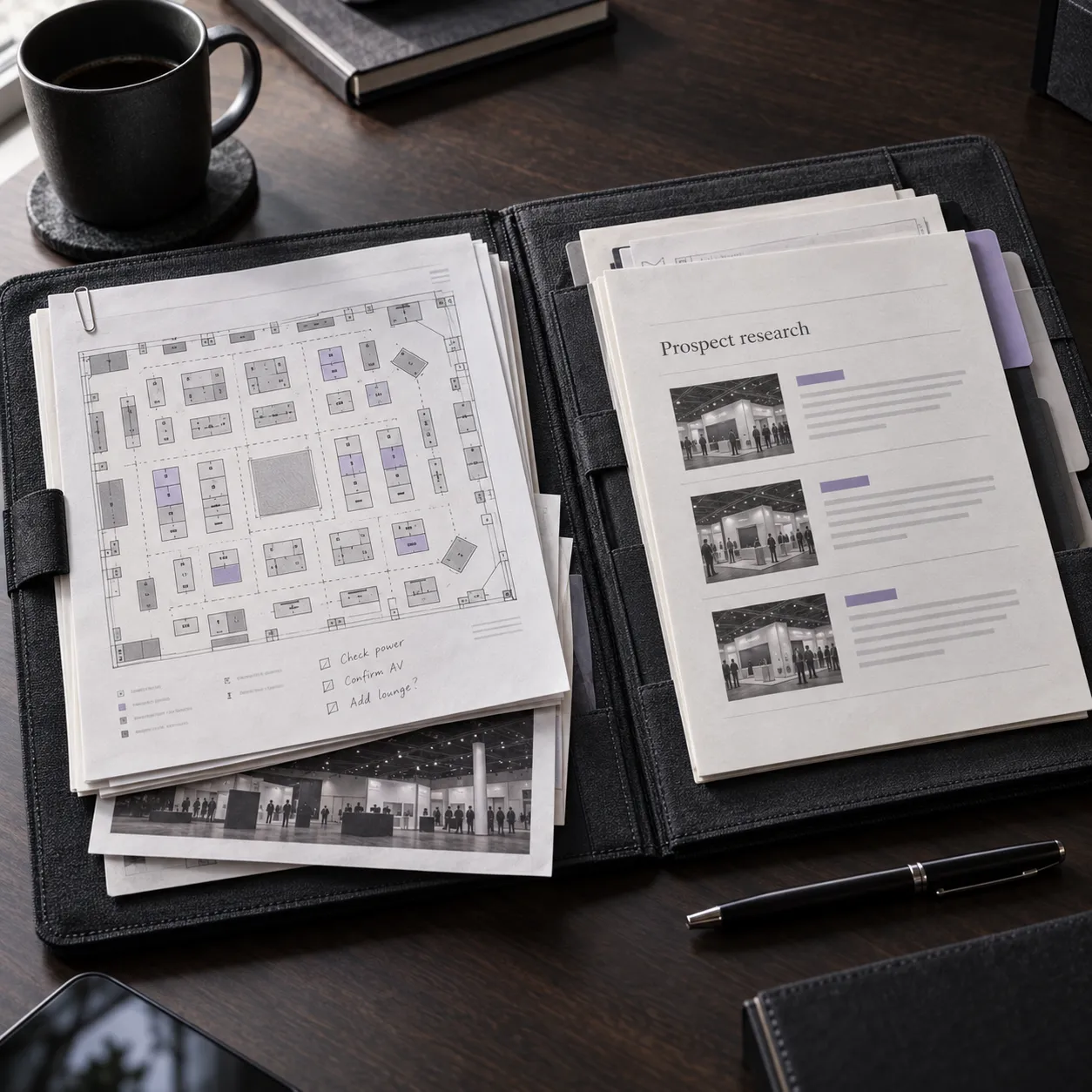 Event planning documents beside a prospect research folder
