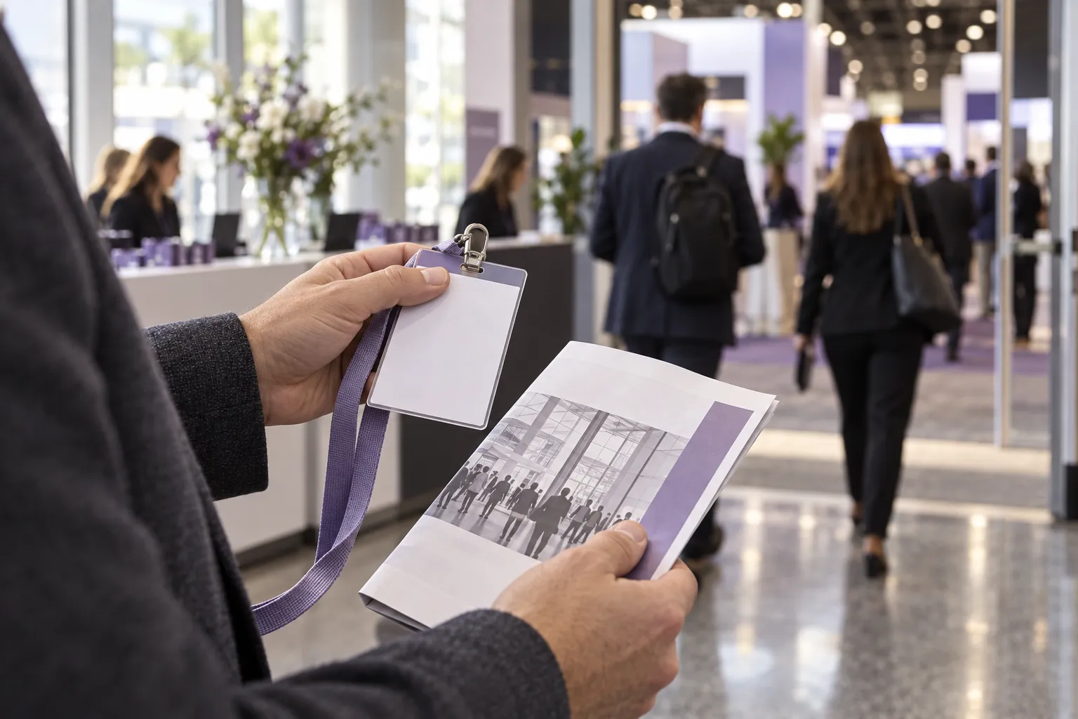 Professional attendee holding a badge at event registration