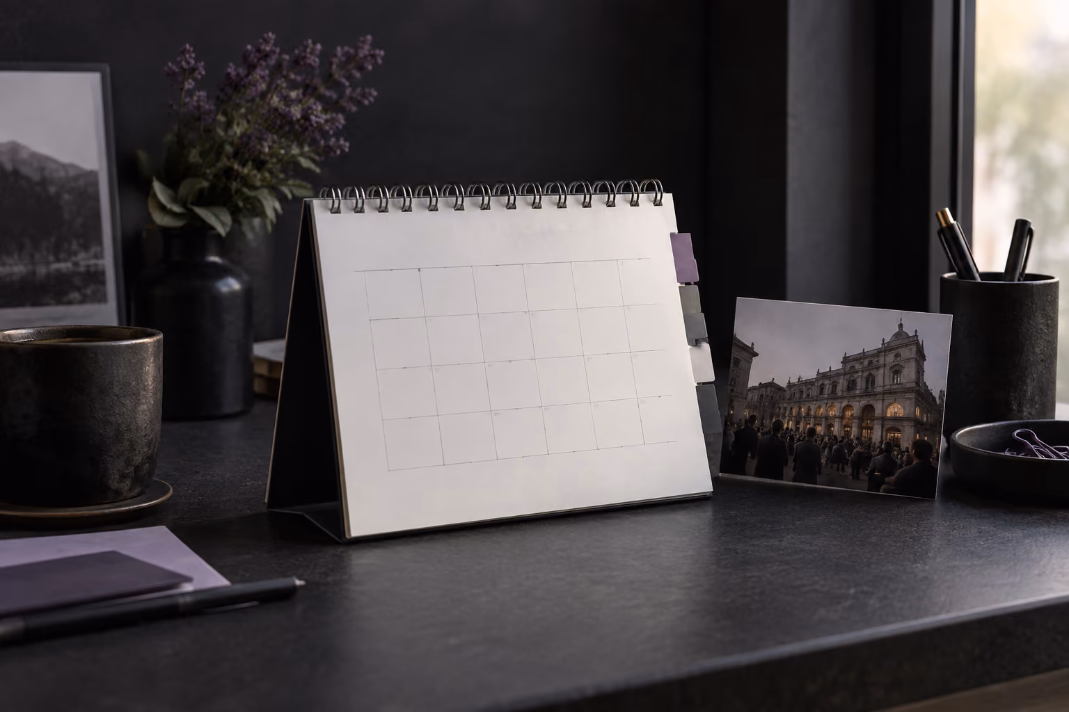 A calendar and venue photograph representing event dates and locations