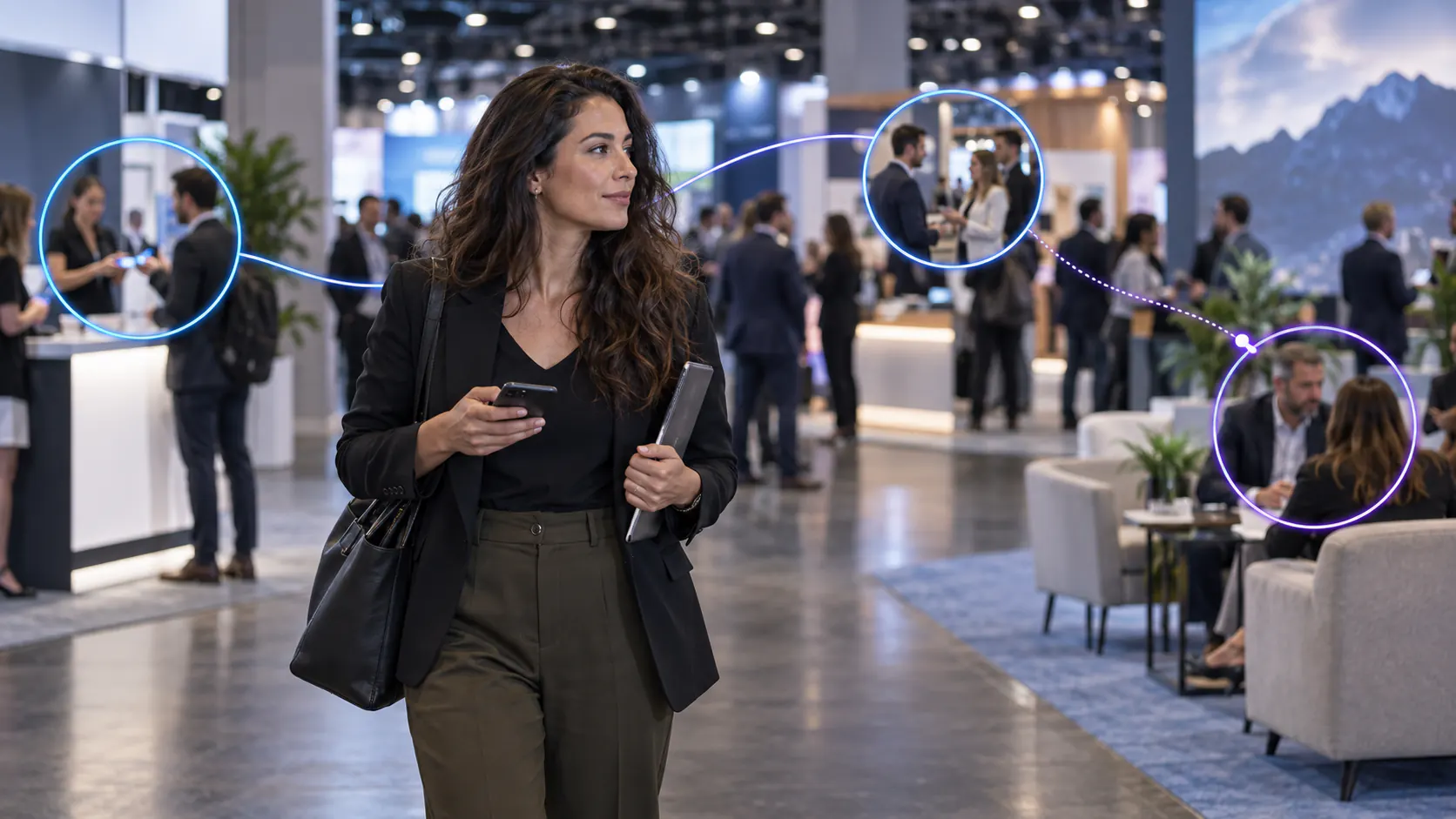 A field marketer on a live trade-show floor following restrained signal paths from check-in, meetings, and unresolved follow-up
