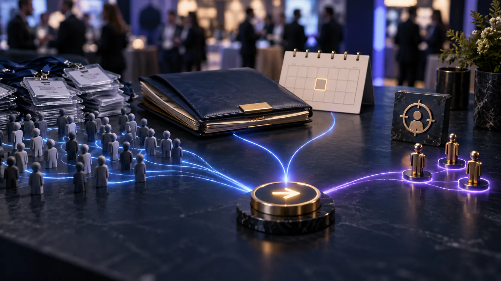 A B2B event budget card, renewal deadline, and audience-fit evidence converging on one sponsorship decision