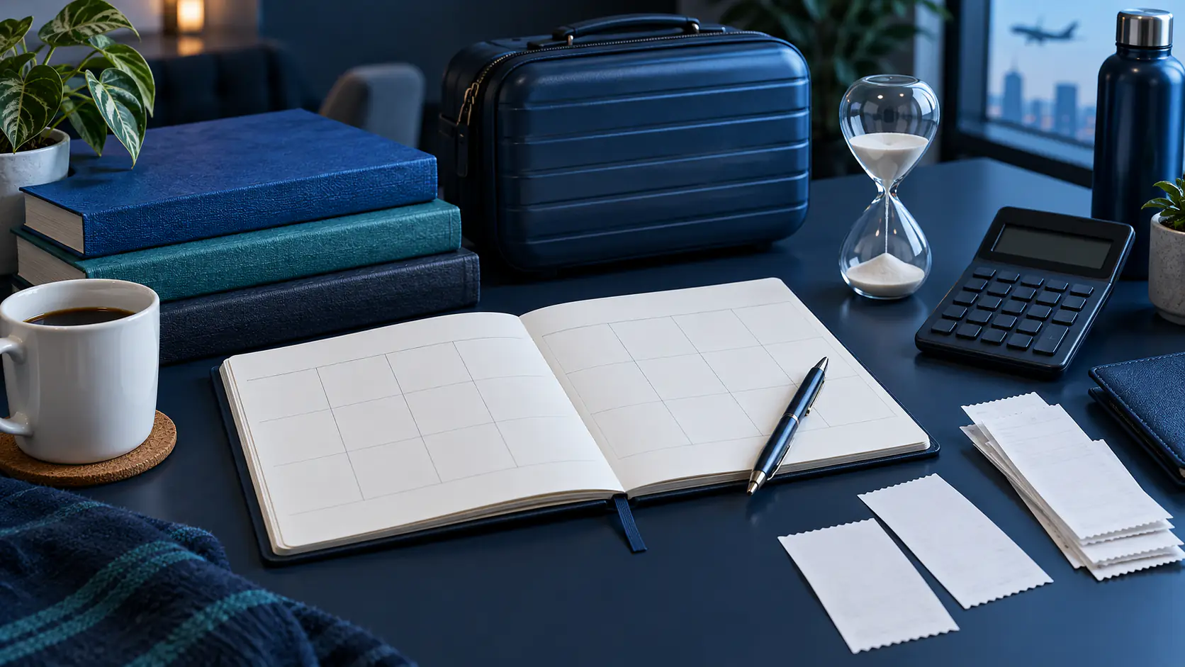 Study books, a blank calendar, travel case and calculator represent the time, tuition and travel costs of professional certification.