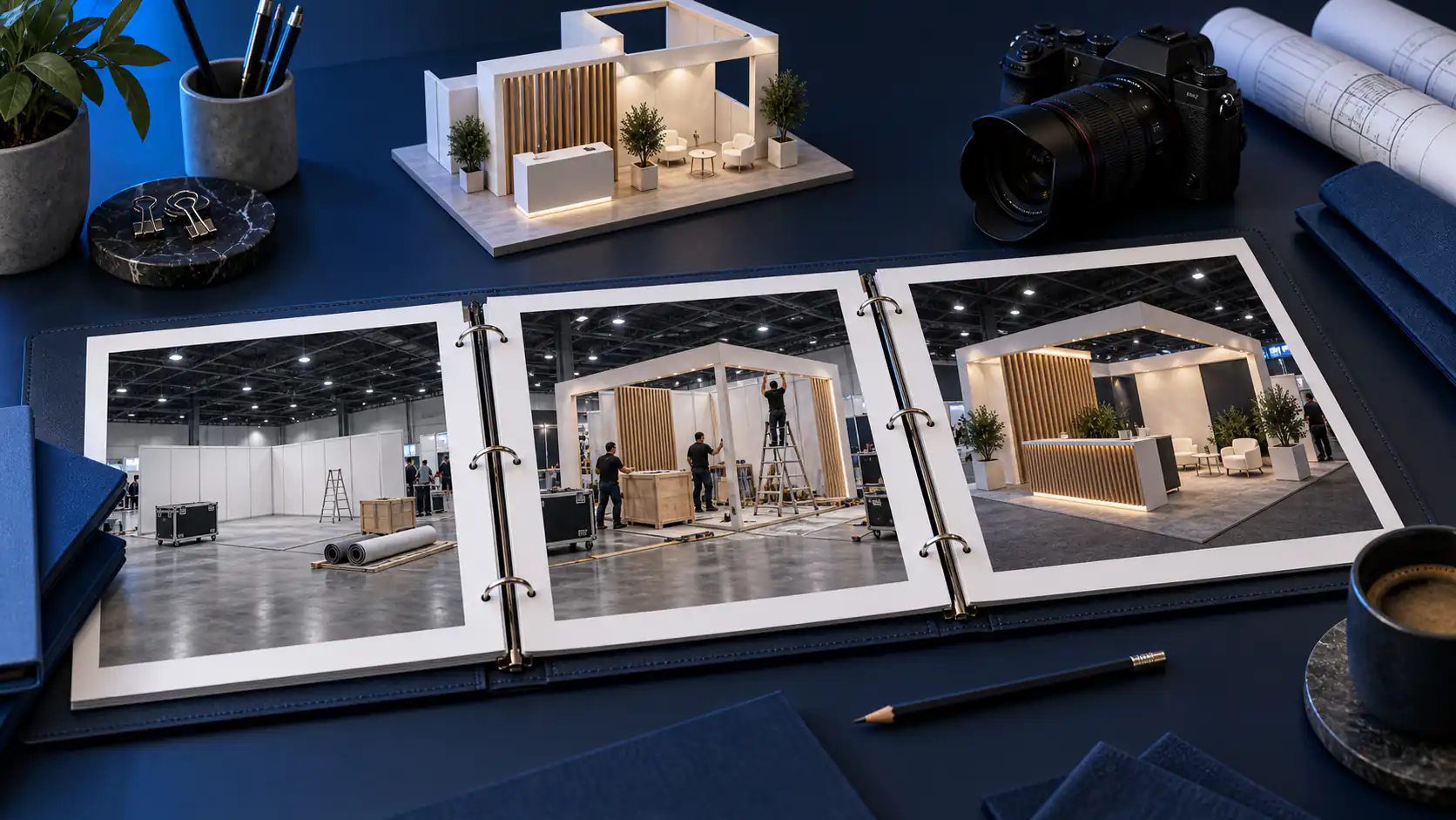 A portfolio binder with exhibition photographs sits beside a booth model and planning materials for an applied trade show project.