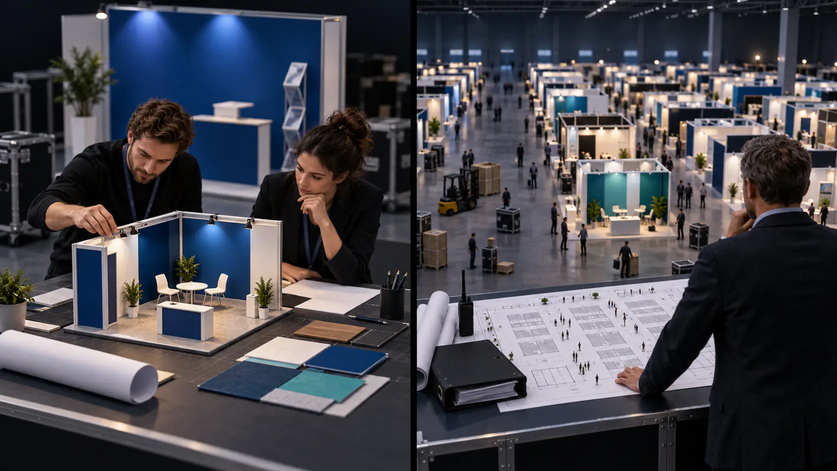 An exhibitor team plans a single booth while an organizer reviews the layout of an entire exhibition hall.