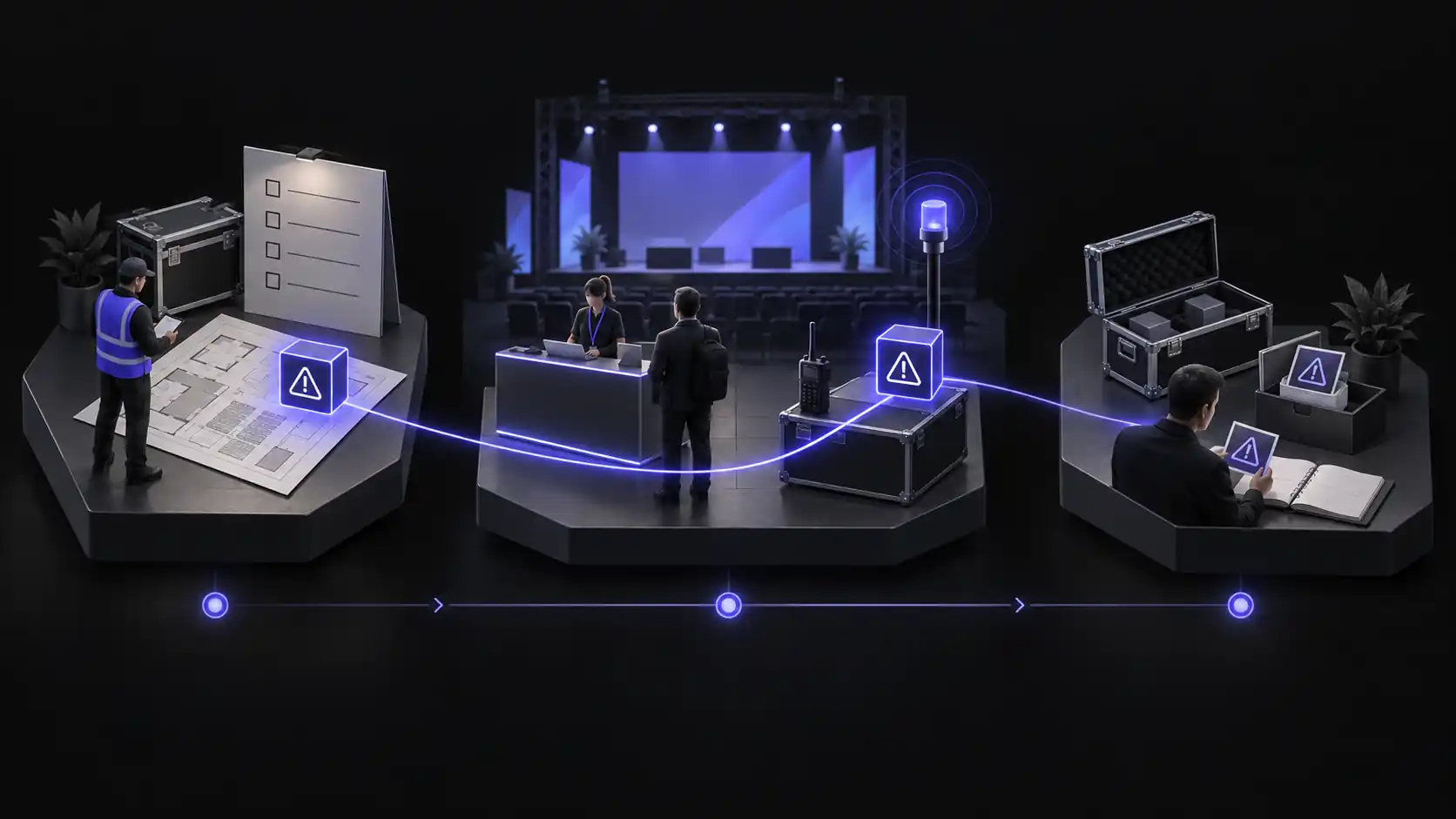 An event operations timeline connects pre-event venue checks, live trigger monitoring, and a post-event decision log with clear handoffs between commercial, venue, and safety owners.