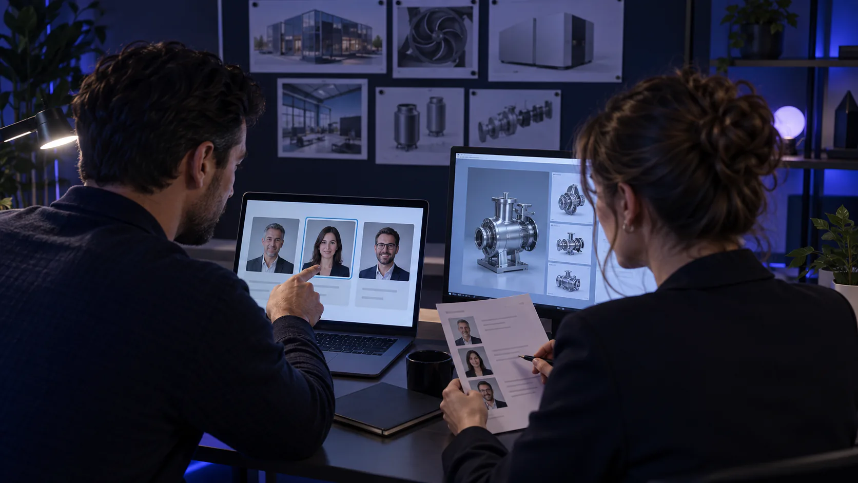 Two visualization sales coworkers review professional profiles against an industrial exhibitor's product catalogue before the event.