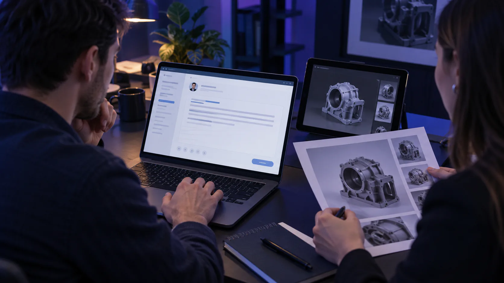 A visualization salesperson manually edits an outreach draft while a colleague checks the relevant digital product example.