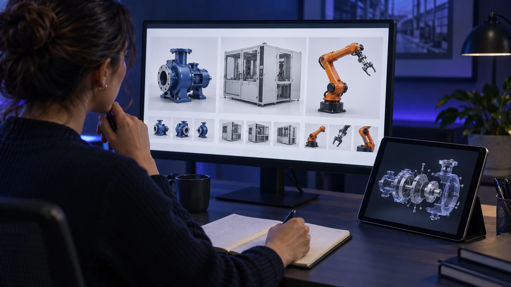 A visualization provider's sales researcher compares a manufacturer's product catalogue with the studio's digital 3D portfolio.