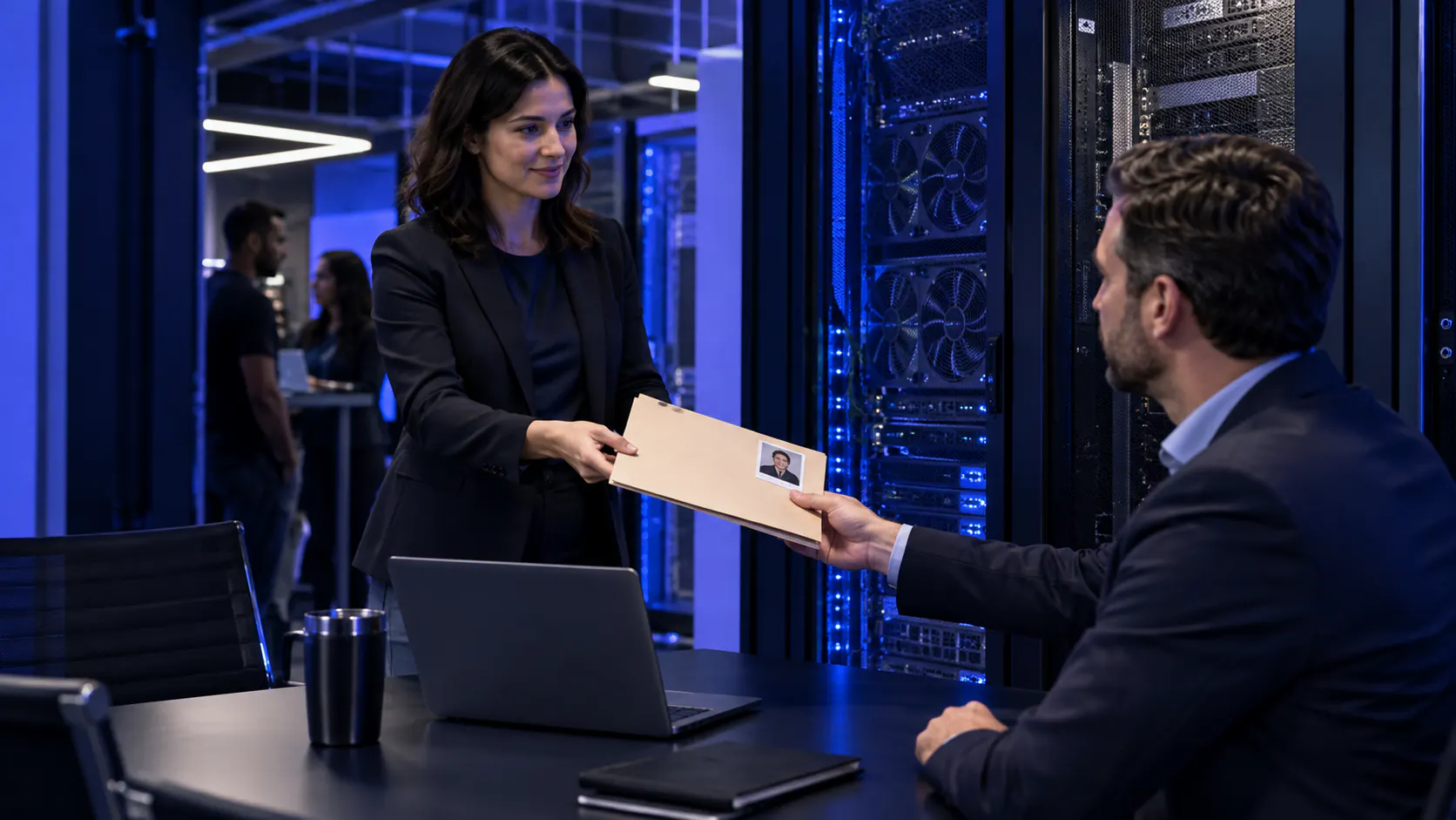 A field marketer hands an account folder to a salesperson at a data center conference booth.