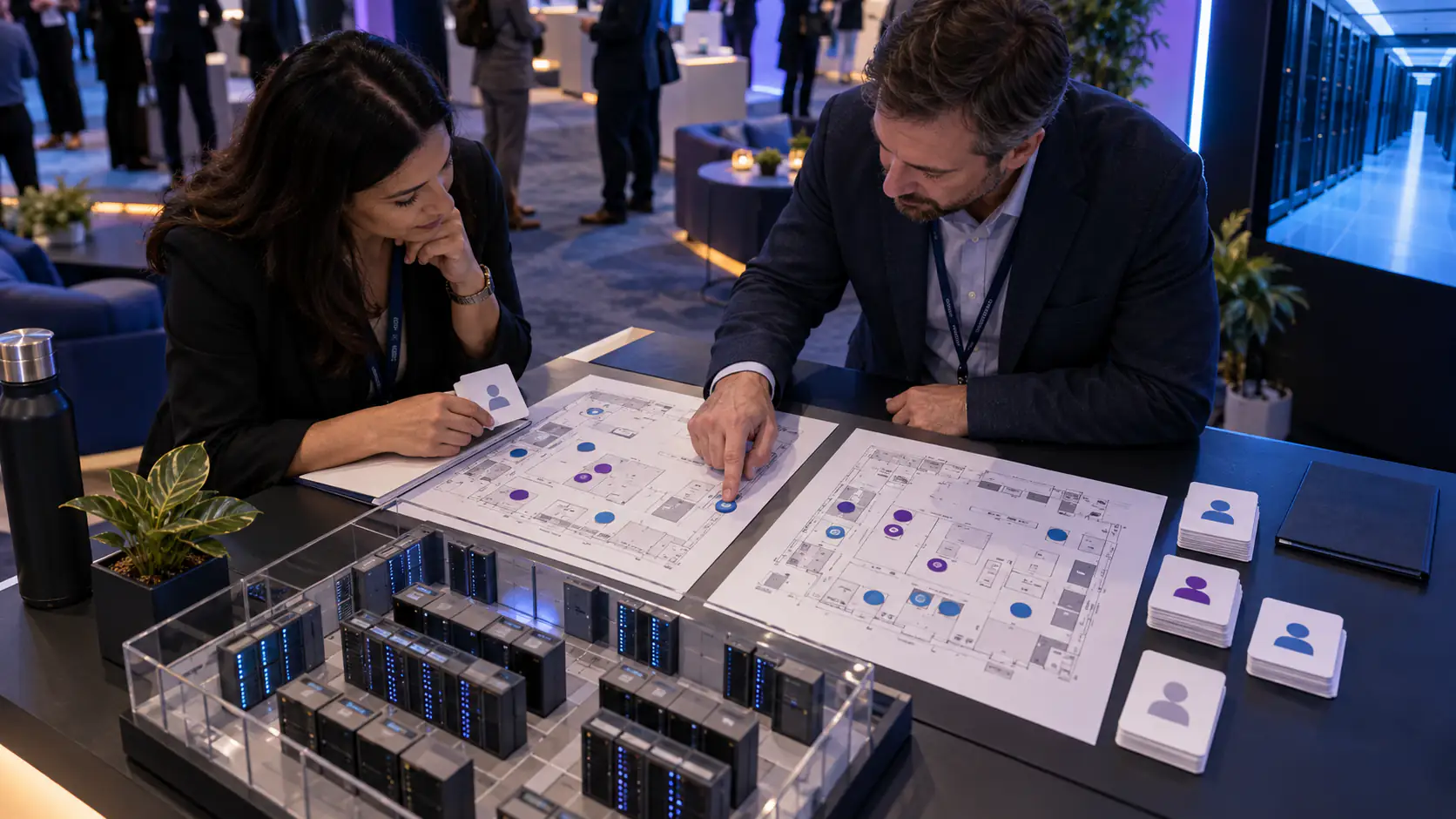 A field marketer compares account markers across two conference plans beside a server-rack model.