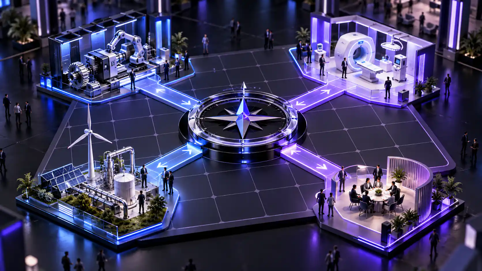 A luminous compass connects miniature energy, manufacturing, healthcare and business-meeting scenes for B2B trade-show selection.