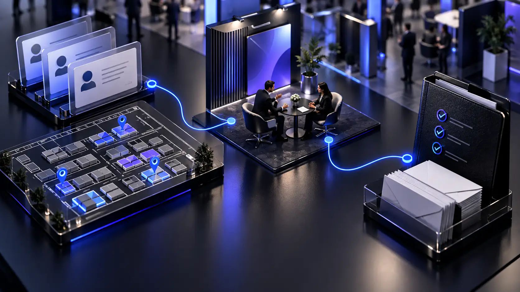 Buyer research and a venue floor plan lead to a trade-show meeting and documented follow-up