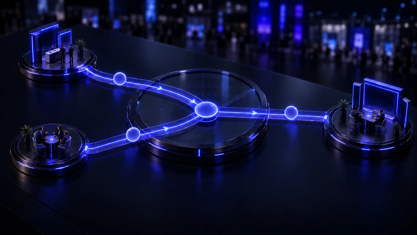 Two miniature B2B event scenes feed into a shared attribution platform and a single opportunity path, illustrating pipeline deduplication.